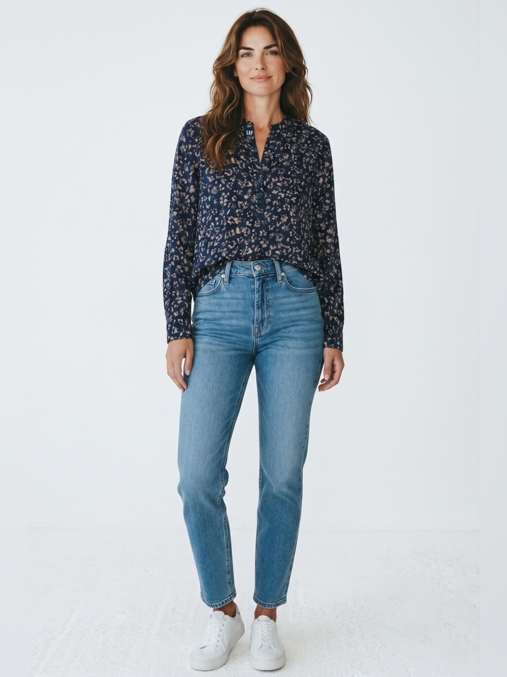 GAP Navy Blue Button-Down Shirt with White Floral Print